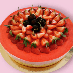 Mousse de frutos rojos sin gluten con base de genovesa. Texto personalizable